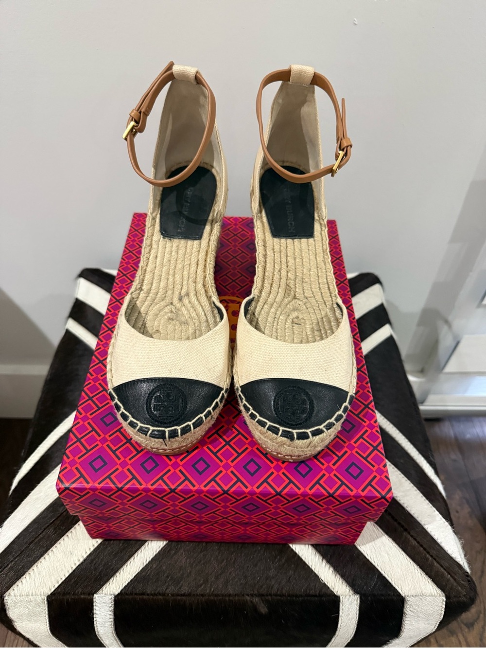 Tory Burch Cream Canvas Espadrille Wedge with Black Cap Toe